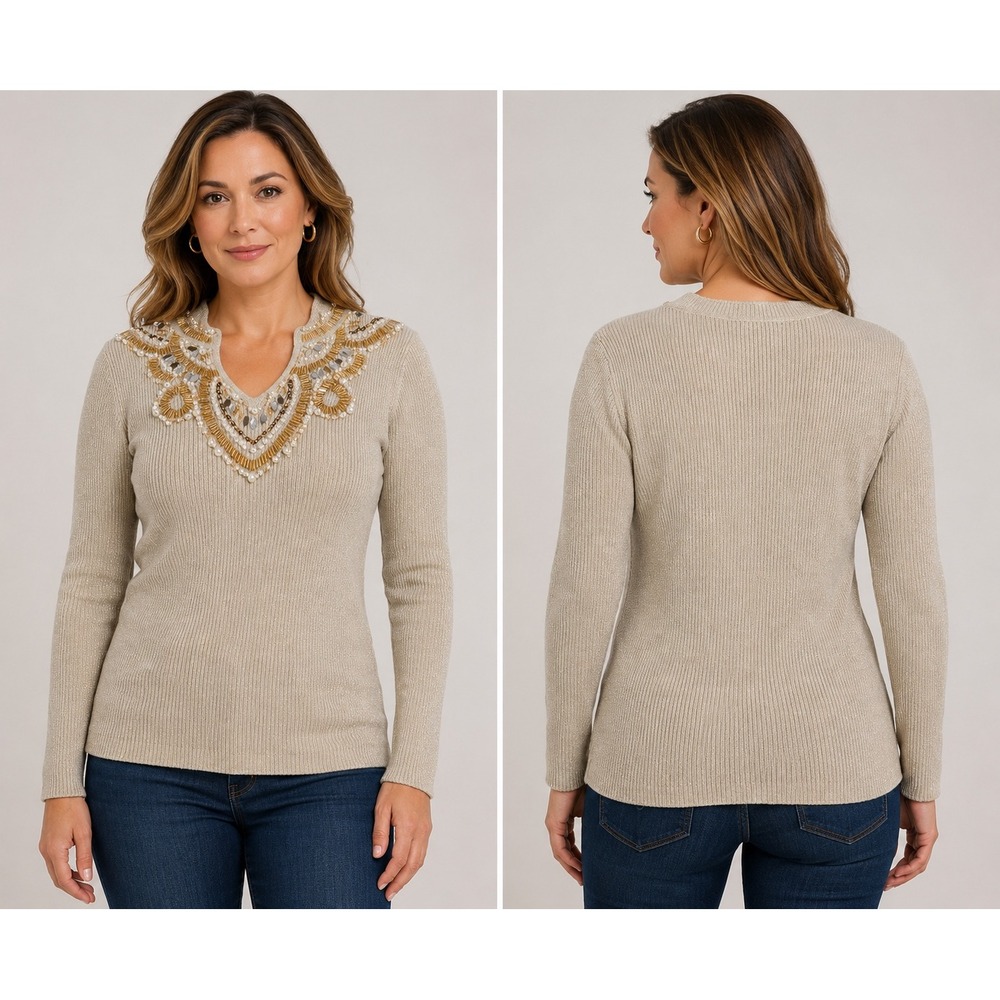 Lauren Michelle Gold Metallic Ribbed Knit Beaded Pearl V-Neck Sweater Large